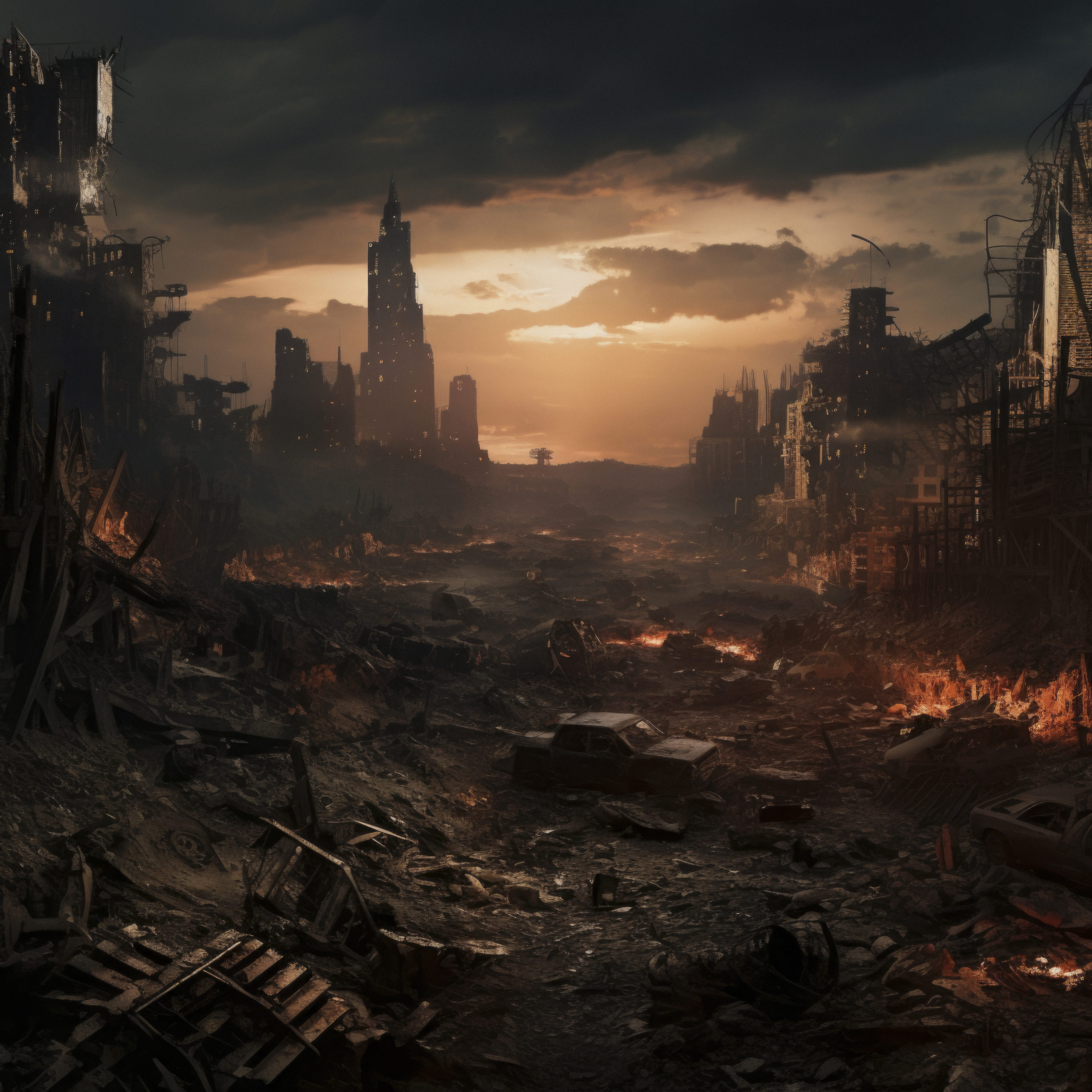 darkly-atmospheric-retail-environment-rendering A dystopian cityscape in ruins, inspired by the madness of Mad Max, set in a post-apocalyptic wasteland. Shot with an ultra-high definition camera, capturing every detail of the decaying landscape. The scene is bathed in cinematic lighting, emphasizing the dramatic atmosphere. --v 5.2 Job ID: 17391d17-86ff-435e-a6bd-ec64d91d4762