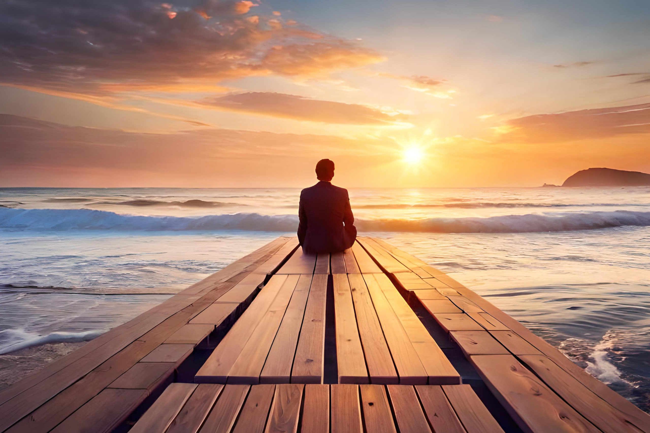 man-sits-pier-looking-sunset man-sits-pier-looking-sunset