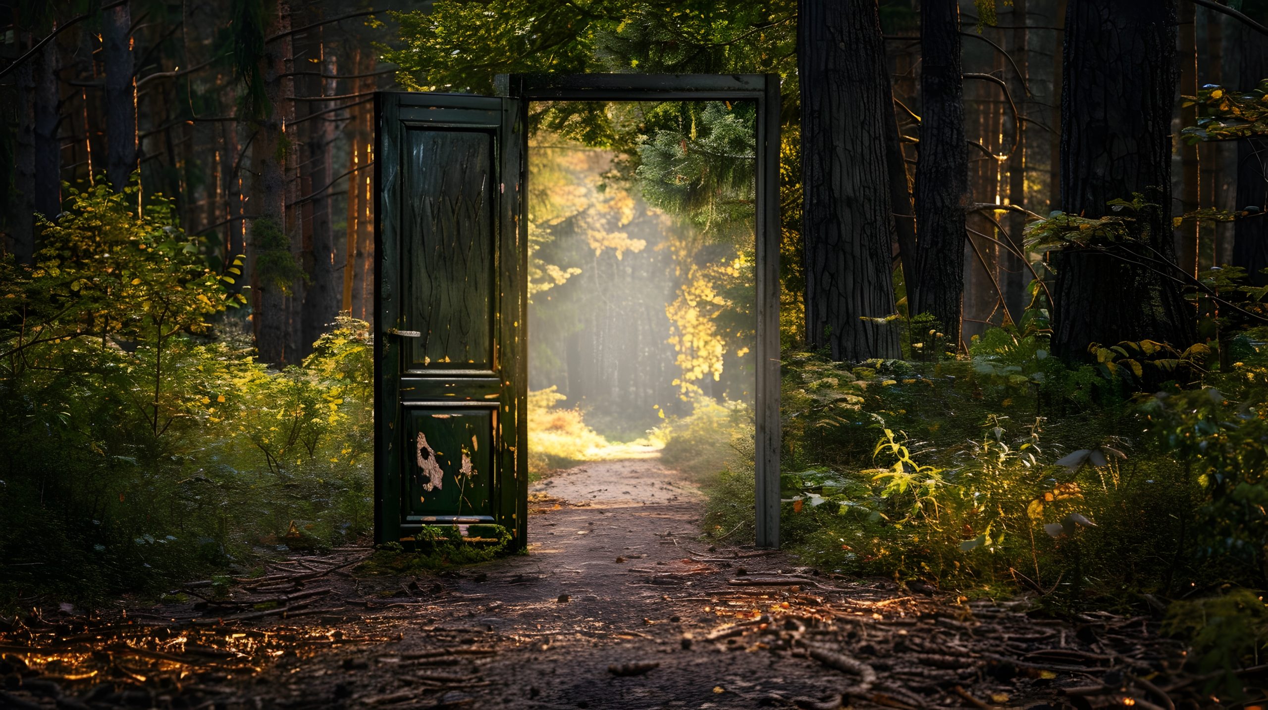 Inviting Forest Threshold Offering Escape from Urban Bustle An old wooden door stands as a portal between the hustle and bustle of urban life and the serenity of a lush,verdant forest The inviting pathway leading through the threshold beckons one to leave